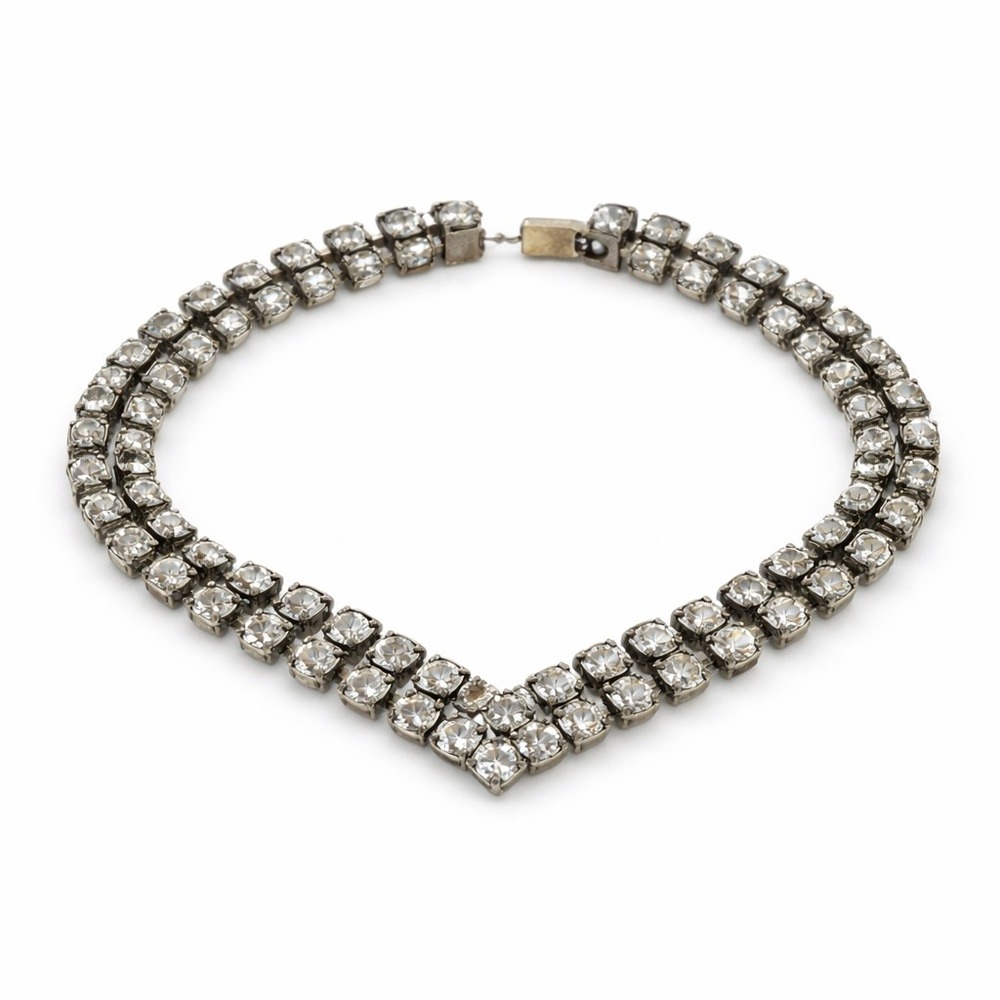 Vintage Rhinestone Bracelet V‎ Shape Double Row Silver Tone Glam